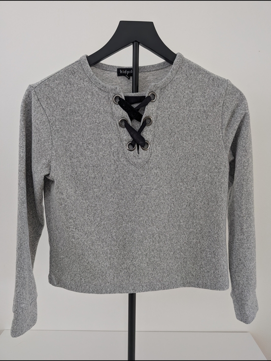 kidpik Other - kidpik Girl's L 10-12 Gray Lace-Up Crewneck Pullover Top Long Sleeve Sweater
